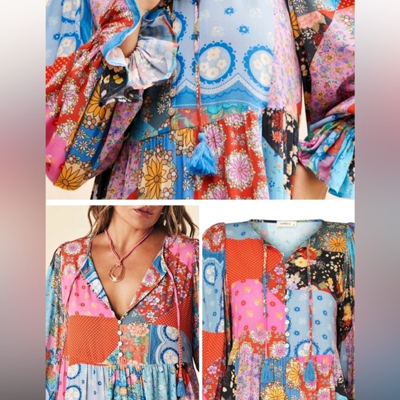 Free People Spell & the Gypsy SZ SM Collective Patchwork Cha Cha Boho Midi Dress - Picture 3 of 15